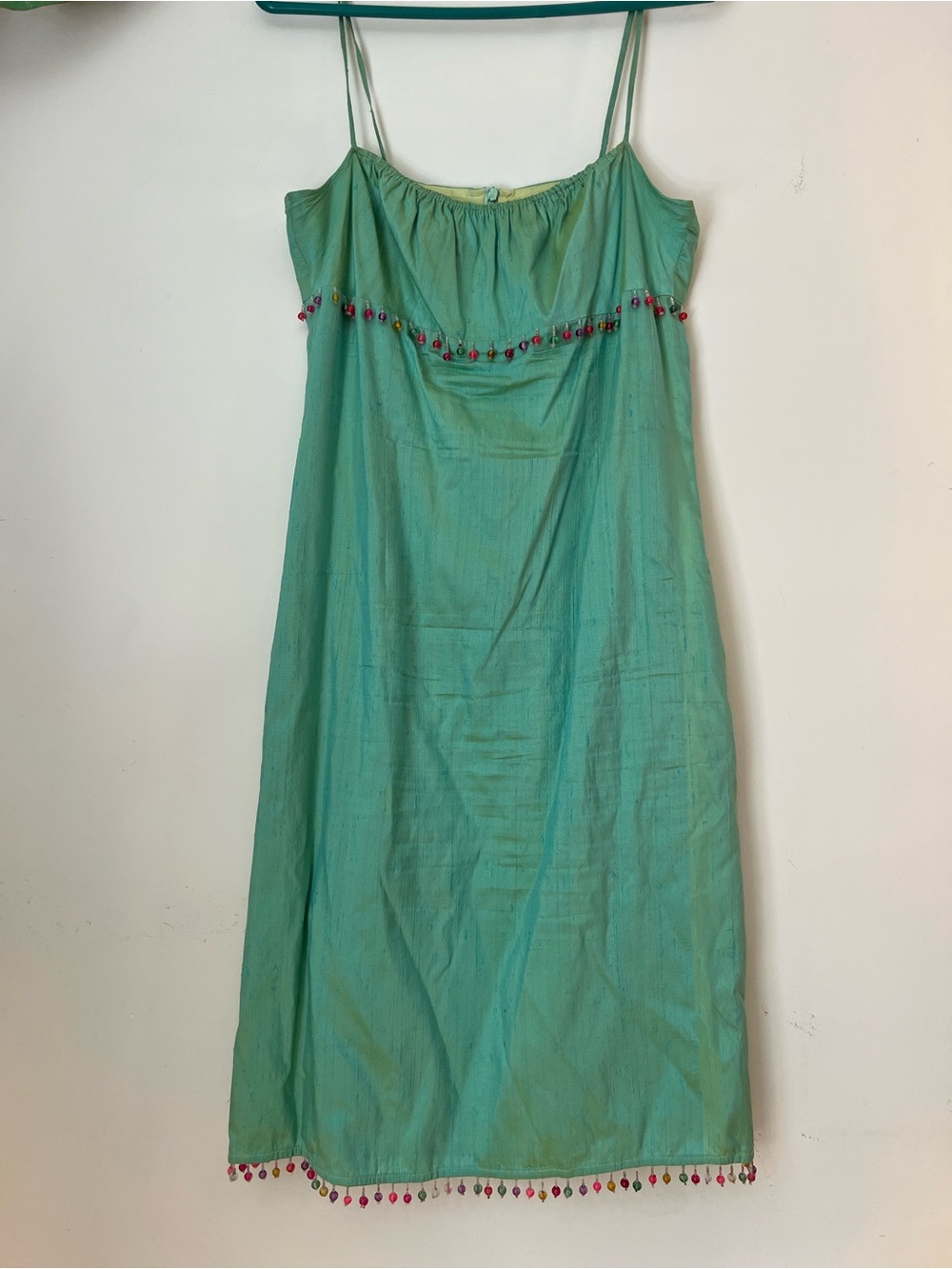 Women’s Silk Seagreen Spaghetti Strap Dress with Bead Trim